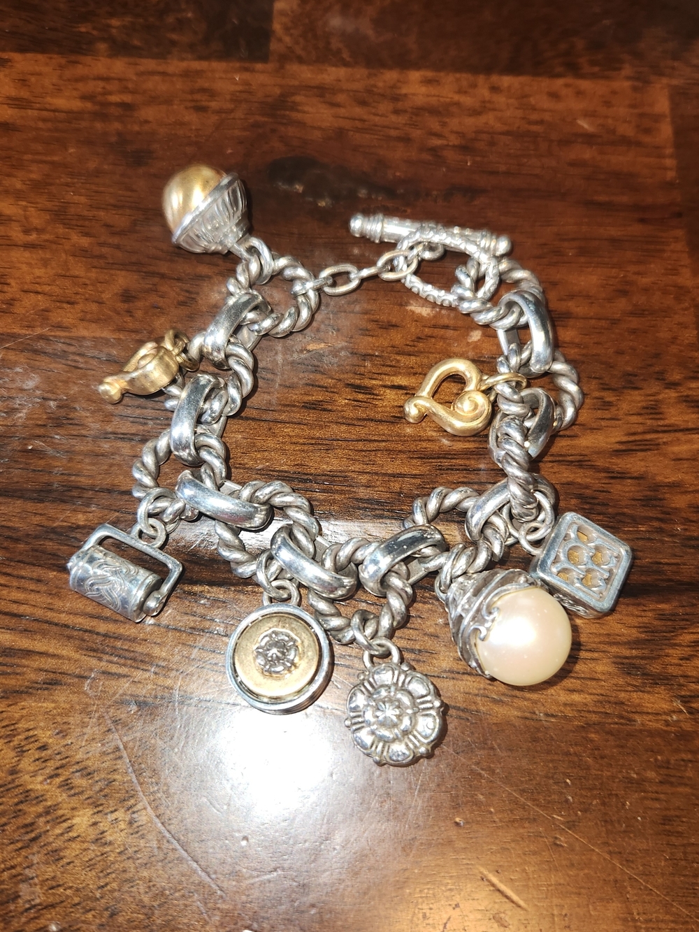 L Vintage Toggle Clasp Charm bracelet with Two Tone charms